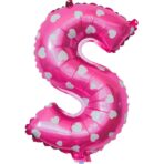 Balon Folie Metalizata Litera S, Embo, 40 cm, Cu Imprimeu Inimioare, Umflati cu Heliu sau Aer, Ambalaj Individual, Pai inclus, Roz - imagine 3