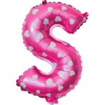 Balon Folie Metalizata Litera S, Embo, 40 cm, Cu Imprimeu Inimioare, Umflati cu Heliu sau Aer, Ambalaj Individual, Pai inclus, Roz