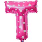 Balon Folie Metalizata Litera T, Embo, 40 cm, Cu Imprimeu Inimioare, Umflati cu Heliu sau Aer, Ambalaj Individual, Pai inclus, Roz