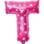 Balon Folie Metalizata Litera T, Embo, 40 cm, Cu Imprimeu Inimioare, Umflati cu Heliu sau Aer, Ambalaj Individual, Pai inclus, Roz
