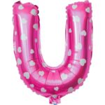 Balon Folie Metalizata Litera U, Embo, 40 cm, Cu Imprimeu Inimioare, Umflati cu Heliu sau Aer, Ambalaj Individual, Pai inclus, Roz