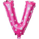 Balon Folie Metalizata Litera V, Embo, 40 cm, Cu Imprimeu Inimioare, Umflati cu Heliu sau Aer, Ambalaj Individual, Pai inclus, Roz