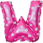 Balon Folie Metalizata Litera W, Embo, 40 cm, Cu Imprimeu Inimioare, Umflati cu Heliu sau Aer, Ambalaj Individual, Pai inclus, Roz - imagine 3