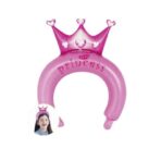 Balon din Folie Metalizata, Embo, Tip Coronita cu Urechi, Model Coronita de Printesa, Ambalaj Individual, Pai Inclus, Umflare cu Aer sau Heliu, 30 x 27 cm, Roz - imagine 3