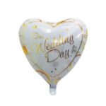 Balon din Folie Metalizata, Embo, Figurina Inima, Model Our Wedding Day, Tema Nunta, 45 cm, Ambalaj Individual, Pai Inclus, Umflare cu Aer sau Heliu, Alb/Auriu