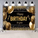 Banner Tip Fundal pentru Poze, Embo, din Panza, 185 x 110 cm, Sfoara 6 m, Prindere in 4 Colturi, Happy Birthday to You, Negru/Auriu - imagine 2