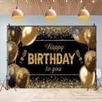 Banner Tip Fundal pentru Poze, Embo, din Panza, 185 x 110 cm, Sfoara 6 m, Prindere in 4 Colturi, Happy Birthday to You, Negru/Auriu - imagine 3