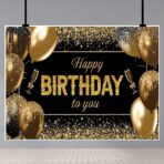 Banner Tip Fundal pentru Poze, Embo, din Panza, 185 x 110 cm, Sfoara 6 m, Prindere in 4 Colturi, Happy Birthday to You, Negru/Auriu - imagine 4