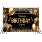 Banner Tip Fundal pentru Poze, Embo, din Panza, 185 x 110 cm, Sfoara 6 m, Prindere in 4 Colturi, Happy Birthday to You, Negru/Auriu