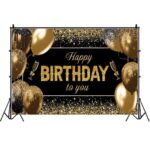 Banner Tip Fundal pentru Poze, Embo, din Panza, 185 x 110 cm, Sfoara 6 m, Prindere in 4 Colturi, Happy Birthday to You, Negru/Auriu