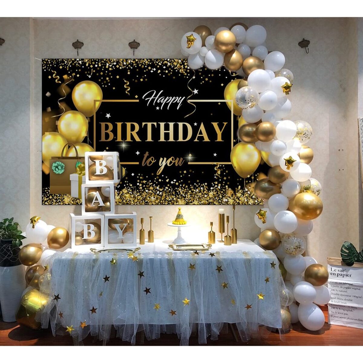 Banner Tip Fundal pentru Poze, Embo, din Panza, Model Happy Birthday to You, 185 x 110 cm, Sfoara 6 m, Prindere in 4 Colturi, Negru/Auriu - imagine 3