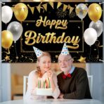 Banner Tip Fundal pentru Poze, Embo, din Panza, Model Happy Birthday to You, 185 x 110 cm, Sfoara 6 m, Prindere in 4 Colturi, Negru/Auriu - imagine 5