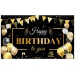 Banner Tip Fundal pentru Poze, Embo, din Panza, Model Happy Birthday to You, 185 x 110 cm, Sfoara 6 m, Prindere in 4 Colturi, Negru/Auriu