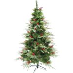 Brad artificial de Craciun Bogat Premium, decorat cu conuri pin rosii, inaltime 180 cm, 414 ramuri, Embo, verde, suport metalic inclus