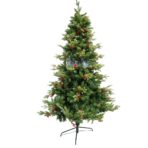 Brad artificial de Craciun, decorat cu conuri pin rosii, inaltime 210 cm, diametru 137 cm, 1172 ramuri, Embo, verde, suport metalic inclus