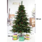 Brad artificial de Craciun, decorat cu conuri pin rosii, pentru interior/exterior, inaltime 150 cm, diametru 104 cm, 323 ramuri, Embo, verde, suport metalic inclus