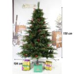 Brad artificial de Craciun, decorat cu conuri pin rosii, pentru interior/exterior, inaltime 150 cm, diametru 104 cm, 323 ramuri, Embo, verde, suport metalic inclus