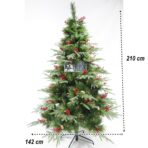 Brad artificial de Craciun, decorat cu conuri pin rosii, pentru interior/exterior, inaltime 210 cm, diametru 142 cm, 767 ramuri, Embo, verde, suport metalic inclus - imagine 4