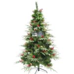 Brad artificial de Craciun, decorat cu conuri pin rosii, pentru interior/exterior, inaltime 210 cm, diametru 142 cm, 767 ramuri, Embo, verde, suport metalic inclus