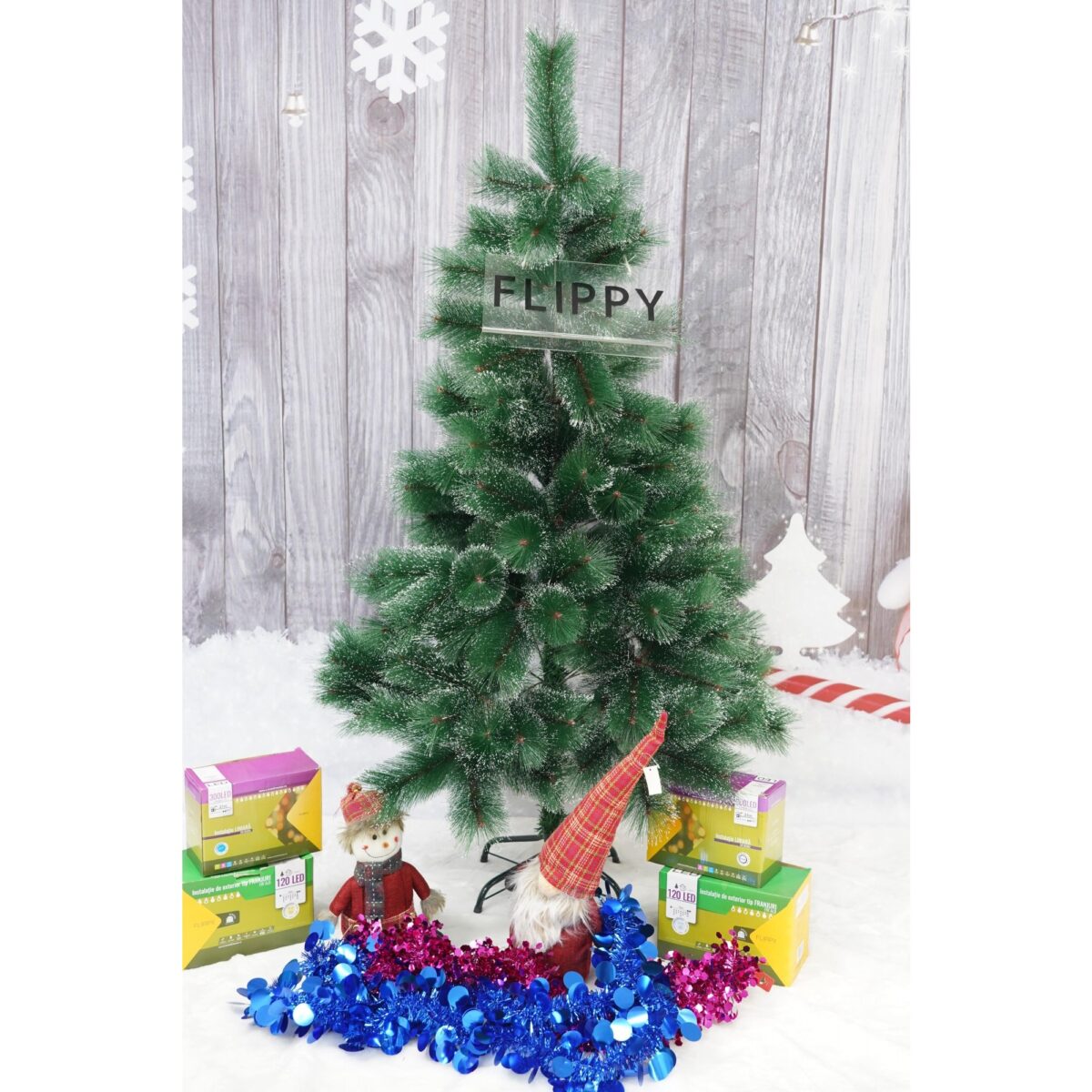 Brad artificial de Craciun tip pin inzapezit, inaltime 150 cm, diametru 85 cm, 160 ramuri cu ace 3D 12 cm, Embo, verde cu varfuri ninse, suport metalic inclus - imagine 2