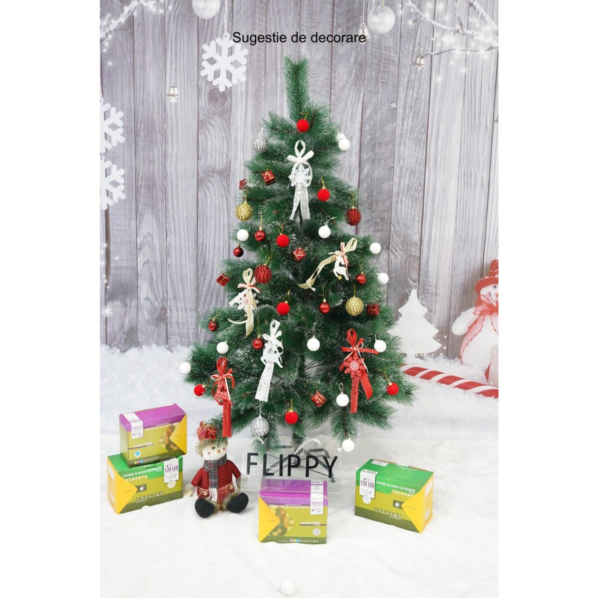 Brad artificial de Craciun tip pin inzapezit, inaltime 150 cm, diametru 85 cm, 160 ramuri cu ace 3D 12 cm, Embo, verde cu varfuri ninse, suport metalic inclus - imagine 3