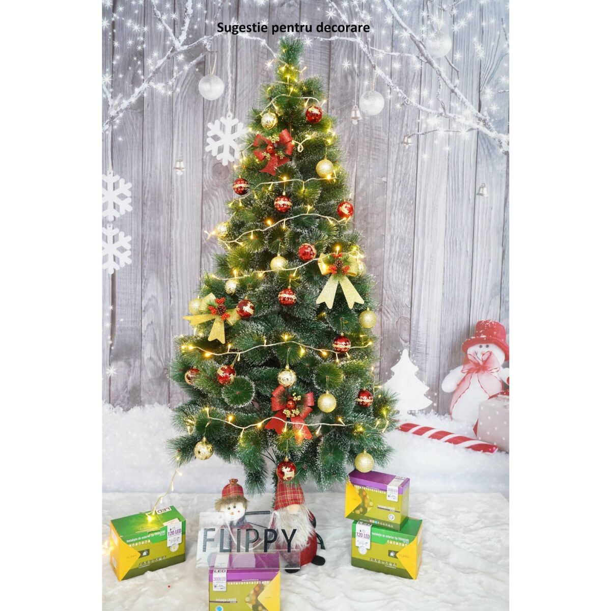 Brad artificial de Craciun tip pin inzapezit, inaltime 180 cm, diametru 105 cm, 260 ramuri cu ace 3D 12 cm, Embo, verde cu varfuri ninse, suport metalic inclus - imagine 3