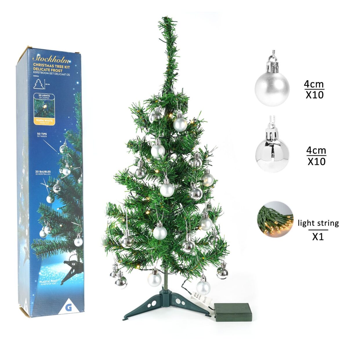 Brad Artificial Impodobit, 60 cm, suport plastic cu instalatie luminoasa 20 LED alb cald + 20 globuri argintii incluse, Embo - imagine 3