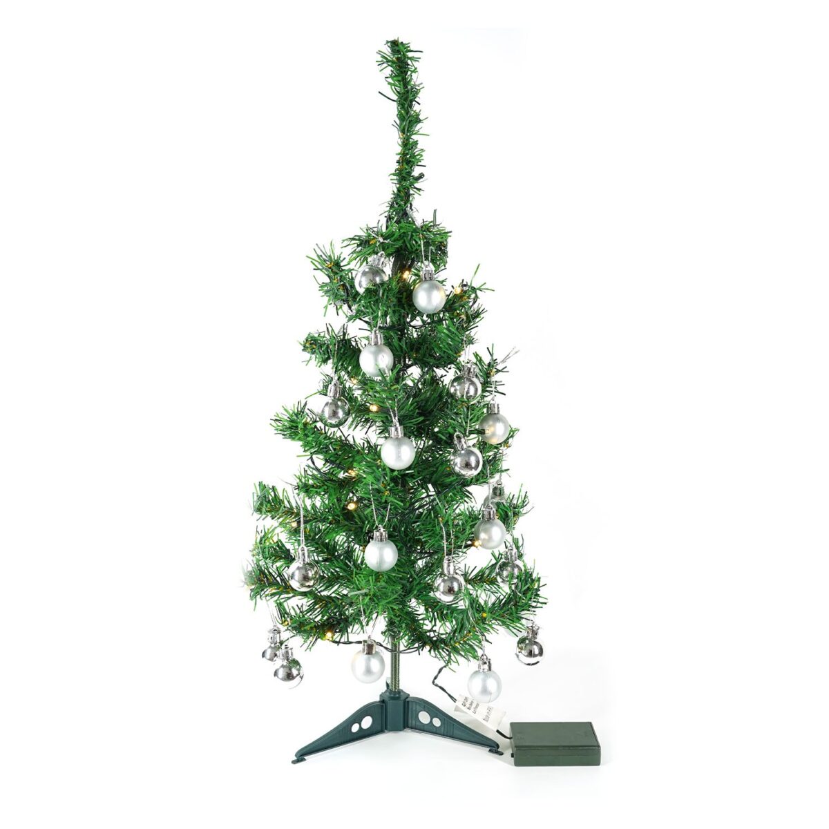 Brad Artificial Impodobit, 60 cm, suport plastic cu instalatie luminoasa 20 LED alb cald + 20 globuri argintii incluse, Embo - imagine 4