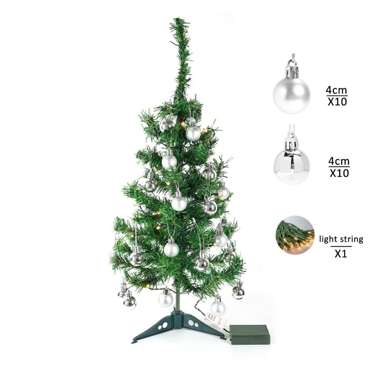 Brad Artificial Impodobit, 60 cm, suport plastic cu instalatie luminoasa 20 LED alb cald + 20 globuri argintii incluse, Embo - imagine 8
