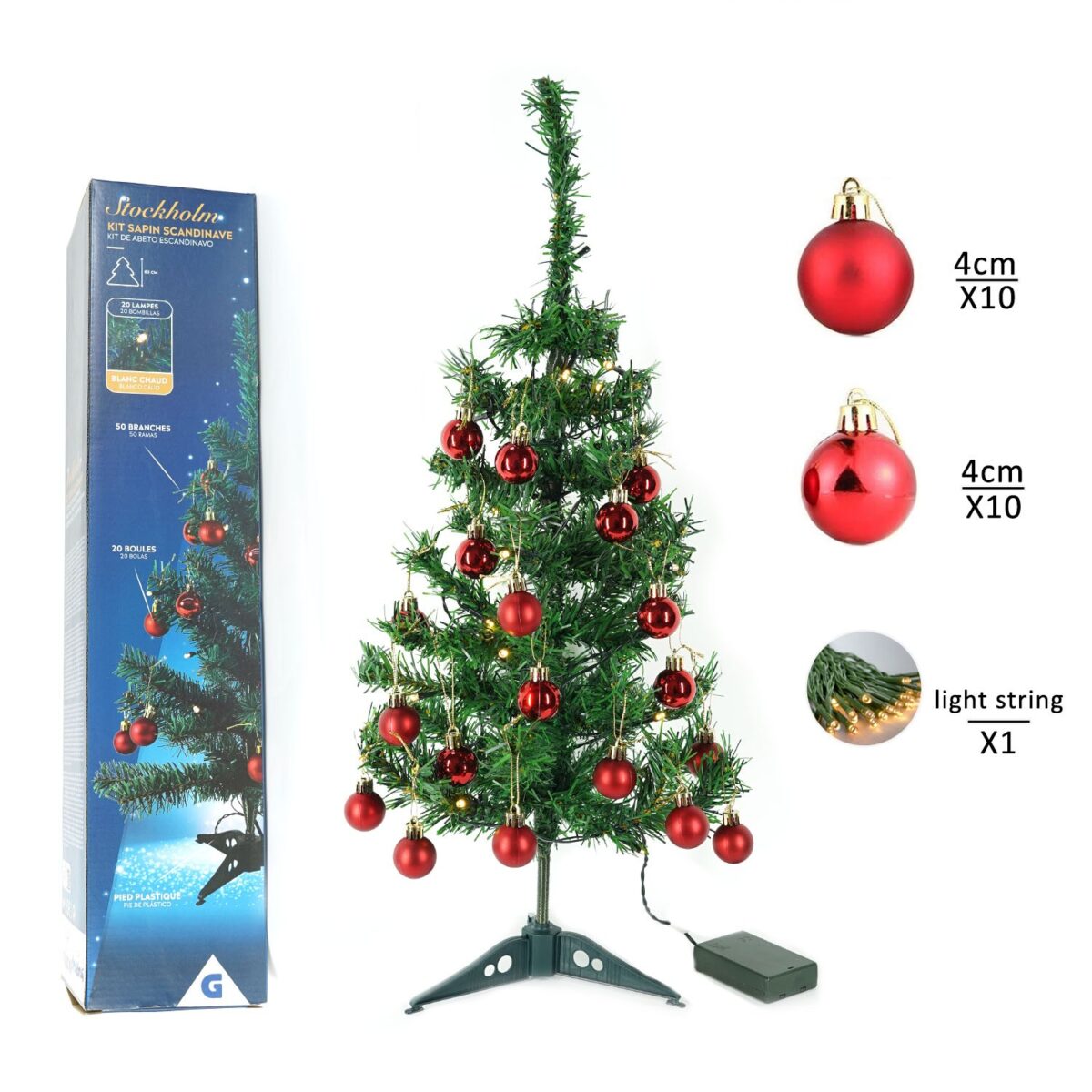 Brad Artificial Impodobit, 60 cm, suport plastic cu instalatie luminoasa 20 LED alb cald + 20 globuri rosii incluse, Embo - imagine 3