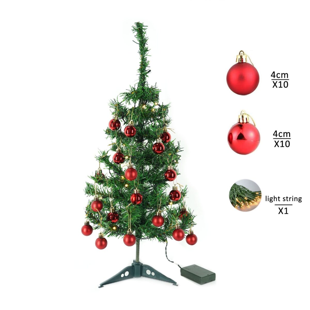 Brad Artificial Impodobit, 60 cm, suport plastic cu instalatie luminoasa 20 LED alb cald + 20 globuri rosii incluse, Embo - imagine 9