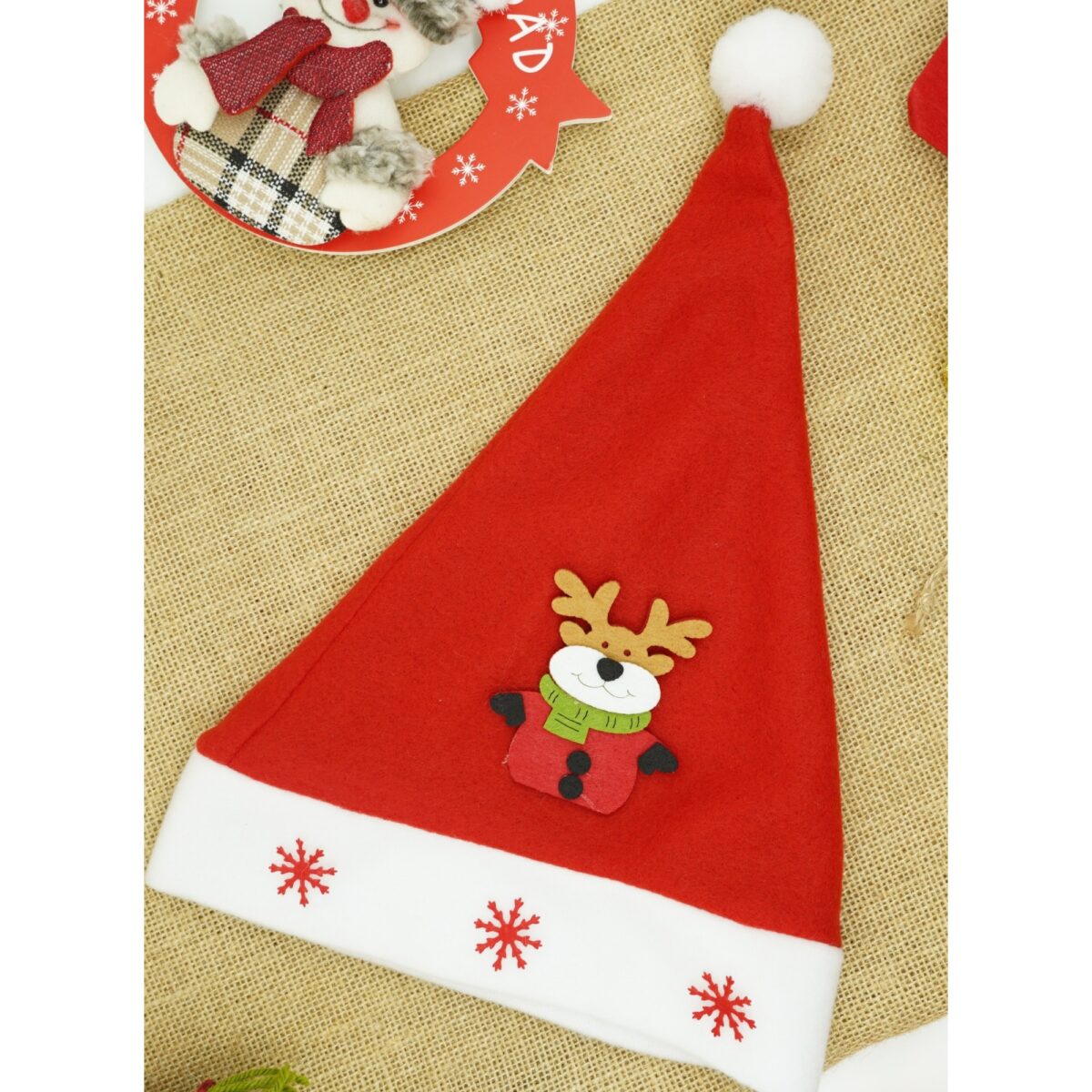 Caciulita de Mos Craciun, Embo,cu model de Ren si ornament fulg de nea, rosie, marime universala, material textil - imagine 2