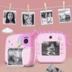 Camera Instantanee pentru Copii, Embo, Camera Frontala + Selfie, cu Functie de Printare, Cablu USB-C, Bluetooth, Compatibil iOS/Android, Model Unicorn, Snur Inclus, Roz - imagine 4