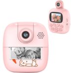 Camera Instantanee pentru Copii, Embo, Camera Frontala + Selfie, cu Functie de Printare, Cablu USB-C, Bluetooth, Compatibil iOS/Android, Imprimare APP, Model Bunny, Roz