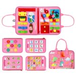 Carte Senzoriala Educativa Montessori 7in1, Embo, 26 de Activitati, Dezvoltare Abilitati Motorii, 4 Pagini, Model Dinozauri, 28x22x7 cm, Roz