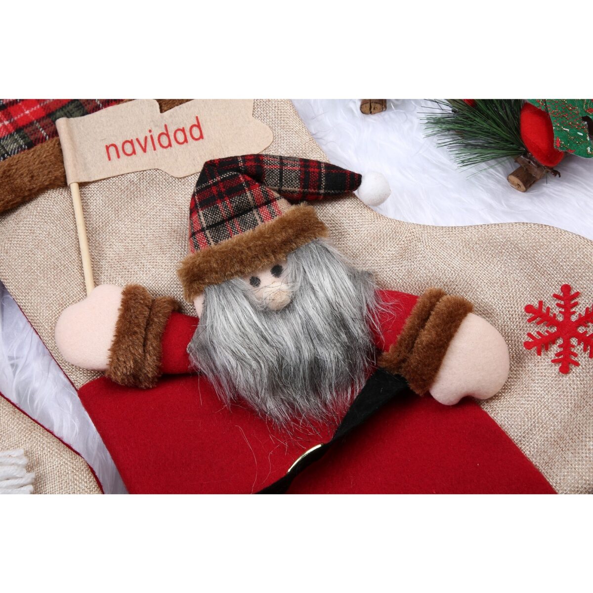 Ciorap Cadouri,Embo,cu model Mos Craciun,crem, marimea 20x40 cm, textil, interior - imagine 2