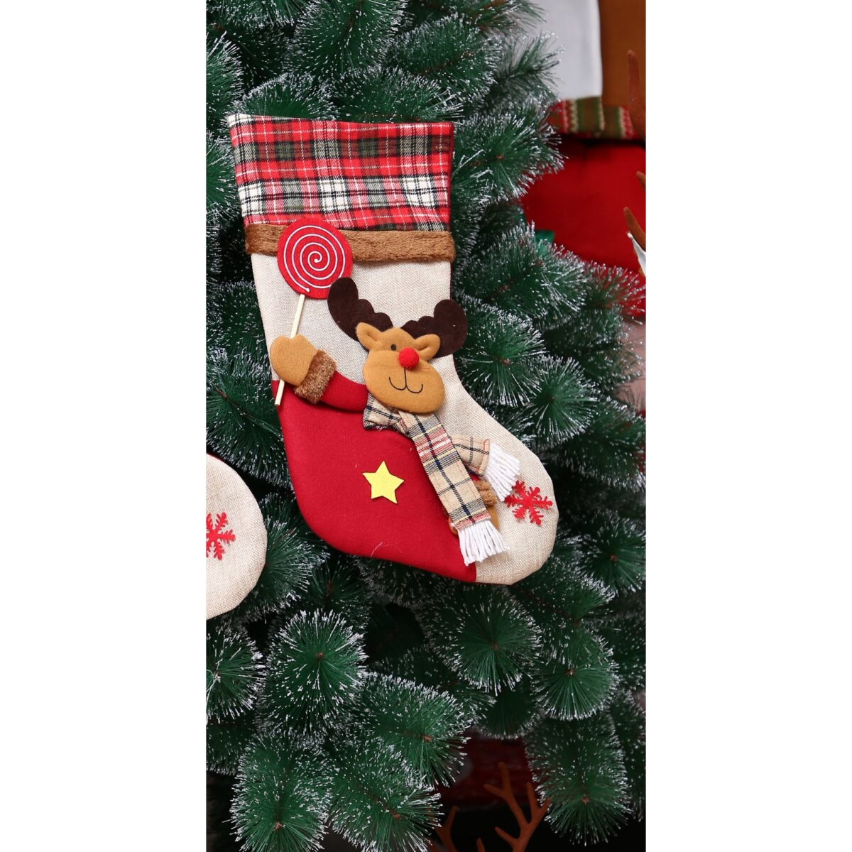 Ciorap Cadouri,Embo,cu model Mos Craciun,crem, marimea 20x40 cm, textil, interior - imagine 4