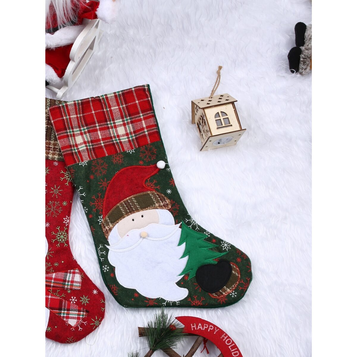 Ciorap Cadouri, Embo,cu model Mos Craciun,verde, marimea 20x40 cm, textil, interior - imagine 2