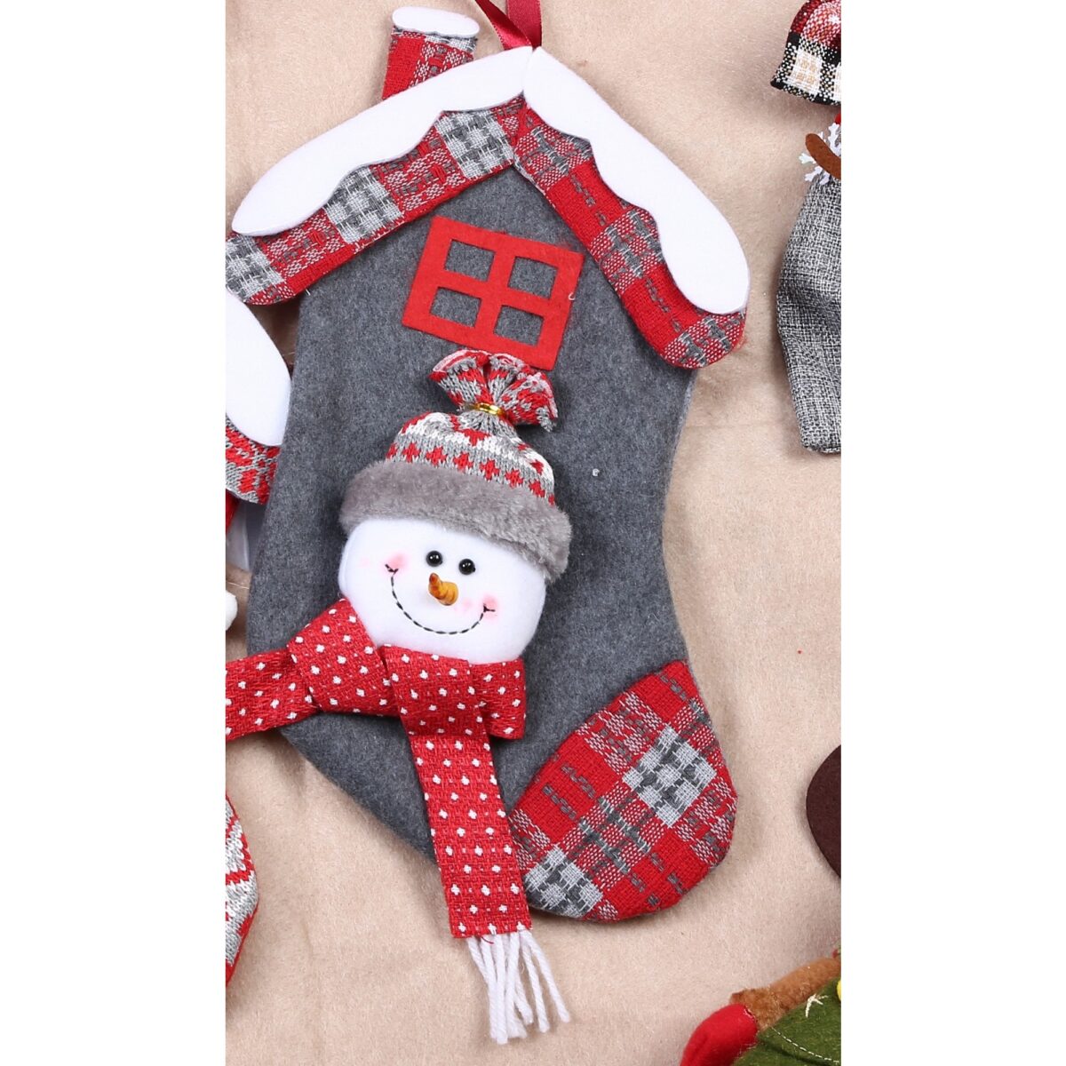 Ciorap Cadouri, model casa, culoare gri, imprimeu om de zapada, marimea 15x30 cm, Embo - imagine 2