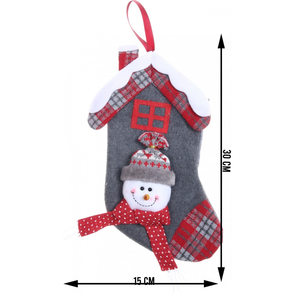 Ciorap Cadouri, model casa, culoare gri, imprimeu om de zapada, marimea 15x30 cm, Embo - imagine 6