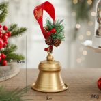 Clopot decorativ pentru Brad Craciun, Embo, Clopot din Metal cu Funda si Crenguta de Brad pentru Decoratiune de Craciun, 10 x 8 x 8 cm, Auriu - imagine 2