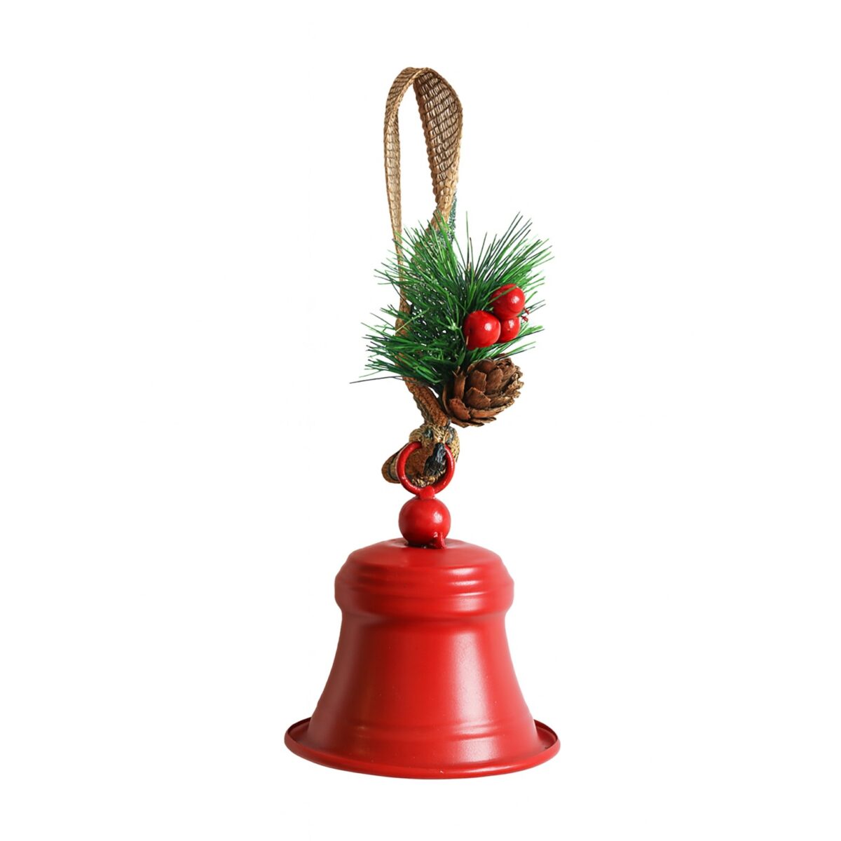 Clopot decorativ pentru Brad Craciun, Embo, Clopot din Metal cu Funda si Crenguta de Brad pentru Decoratiune de Craciun, 10 x 8 x 8 cm, Rosu - imagine 5