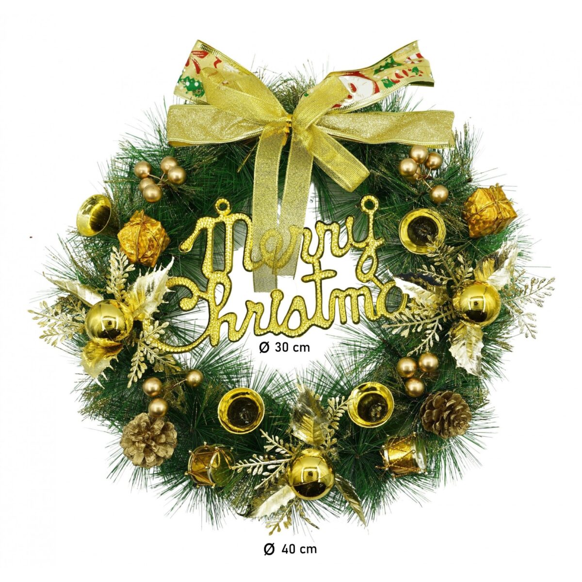 Coronita de Craciun pentru usa, Verde/Auriu, 40 cm, PVC, Artificiala, Decorata, Interior/Exterior, Embo - imagine 6