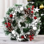 Coronita pentru Craciun Embo, diametru 32 cm, din brad artificial, decorata cu conuri si merisoare, inzapezit. Verde/Alb - imagine 4