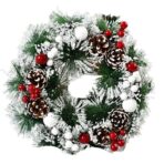 Coronita pentru Craciun Embo, diametru 32 cm, din brad artificial, decorata cu conuri si merisoare, inzapezit. Verde/Alb