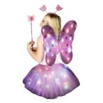 Costum Fluturas cu Aripi Modelabile Luminoase pentru Copii, Embo, Fusta din Tul cu Lumini, Bagheta si Bentita, 4 piese, Pentru Halloween, Roleplay, Craciun, Carnaval, Paste, Ziua Copilului, Bumbac/Poliester, Marime universala, Roz-Rosu - imagine 3