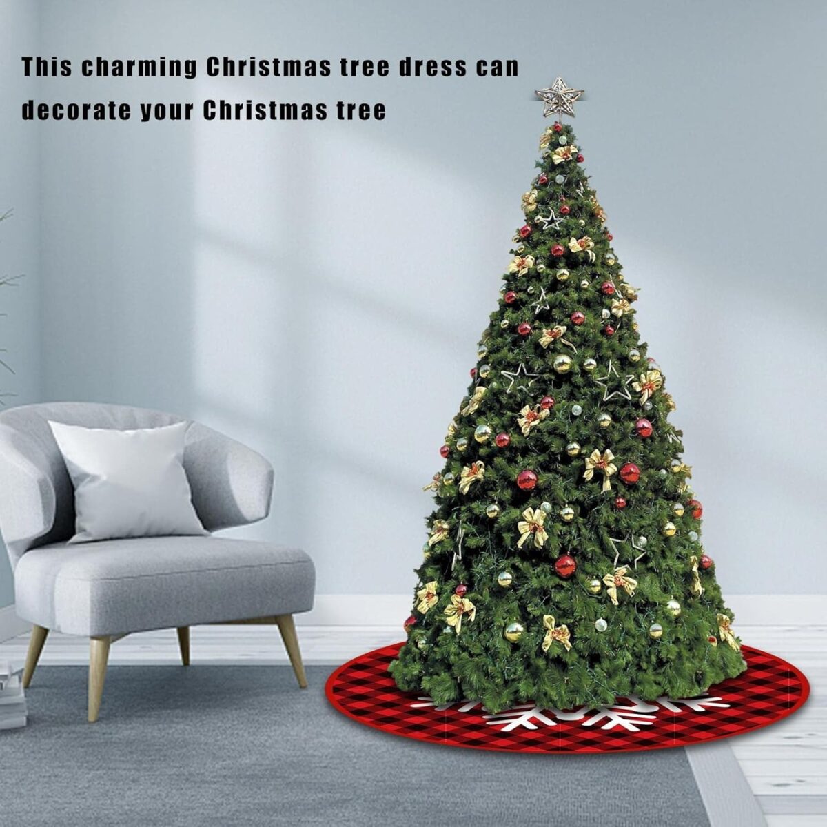 Covoras pentru Bradul de Craciun, Embo, din Tesatura Pufoasa, cu Fundite de Prindere, Model Fulg de Nea, Carouri Rosu/Negru, Diametru 90 cm - imagine 5
