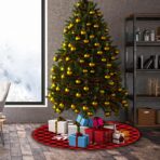Covoras pentru Bradul de Craciun, Embo, din Tesatura Pufoasa, cu Fundite de Prindere, Model Fulg de Nea, Carouri Rosu/Negru, Diametru 90 cm - imagine 7