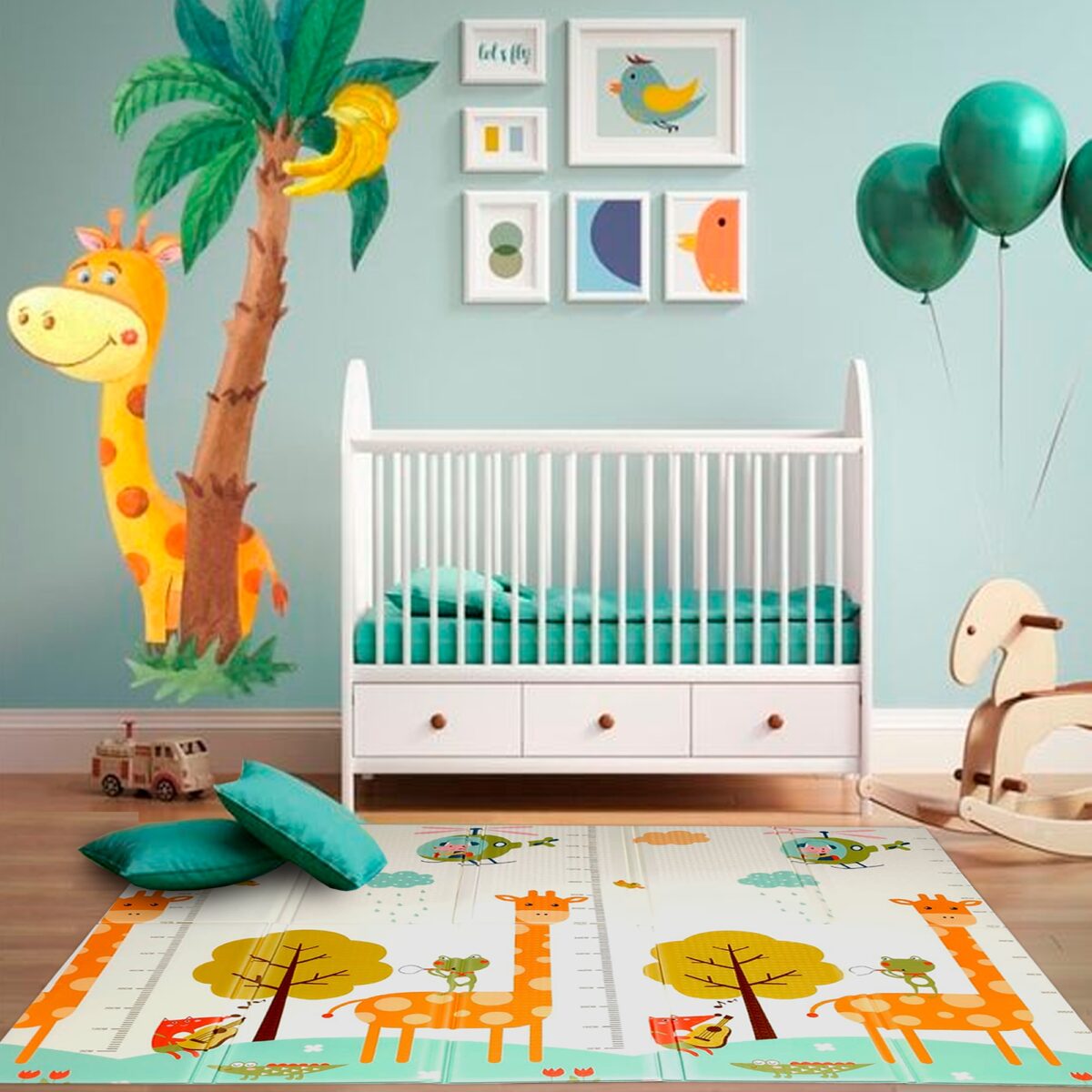 Covoras de Joaca pentru Copii Termic cu 2 Fete, Embo, Model Girafe si Pinguini, cu Spuma, Impermeabil, Antiderapant, 200cm x 180cm x 1cm - imagine 7