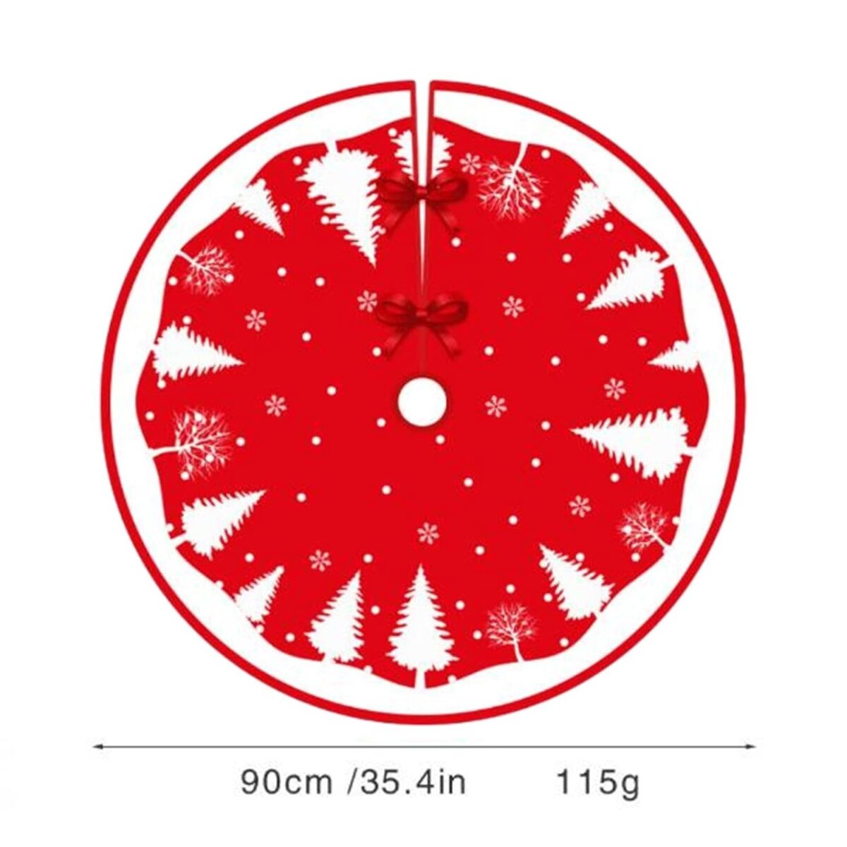 Covoras pentru Bradul de Craciun, Embo, din Tesatura Pufoasa, cu Fundite de Prindere, Model Brazi, Rosu/Alb, Diametru 90 cm - imagine 5